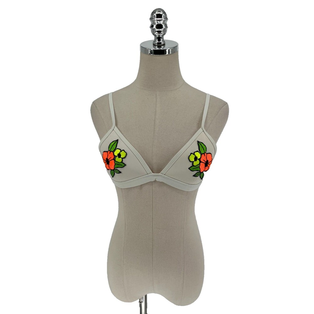 Triangl Bikini Top Women's Size Small+ Floral Embroidered White Neoprene Y2K